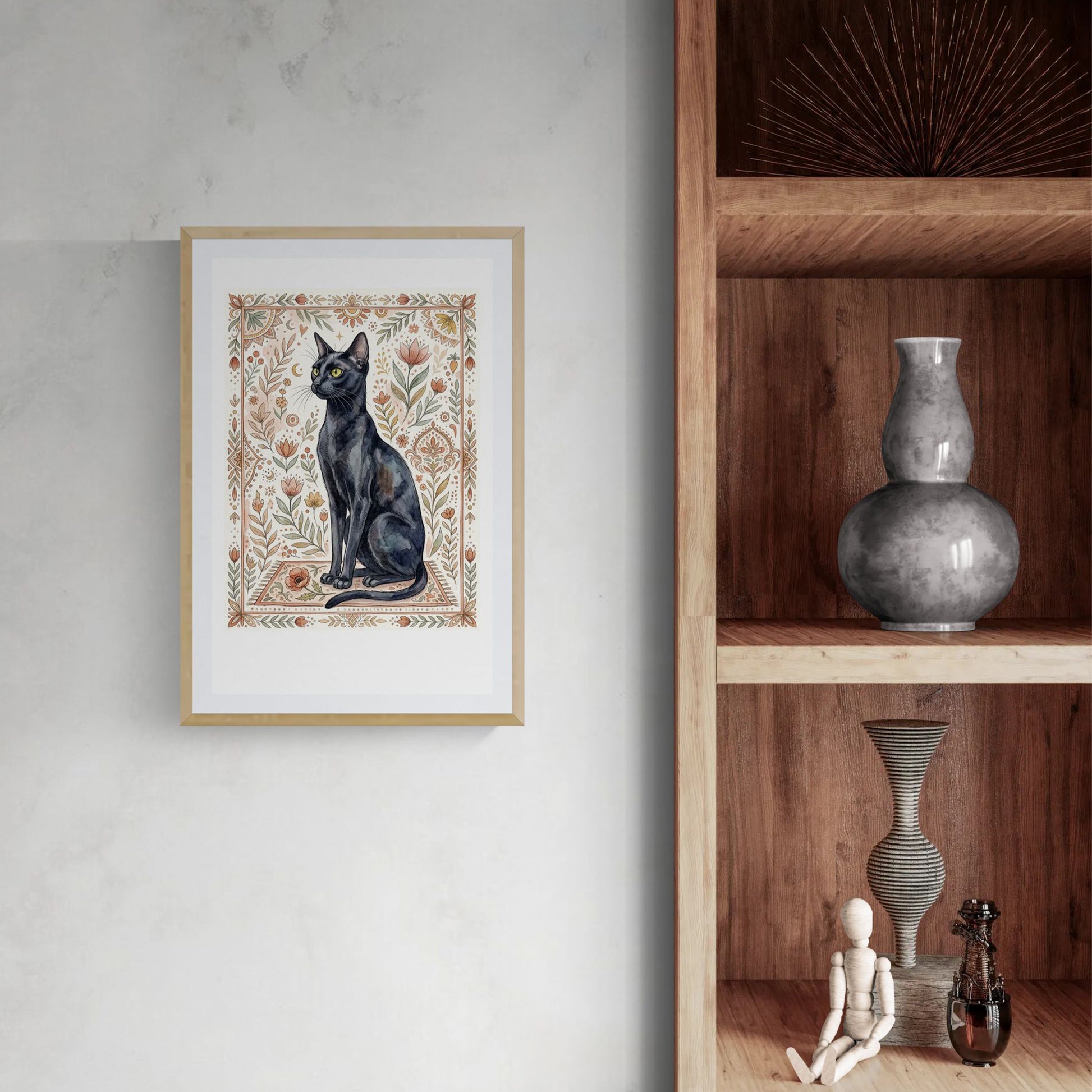 Black Cat Sitting fine art print by Sue Schreiber — elegant minimal cat wall art